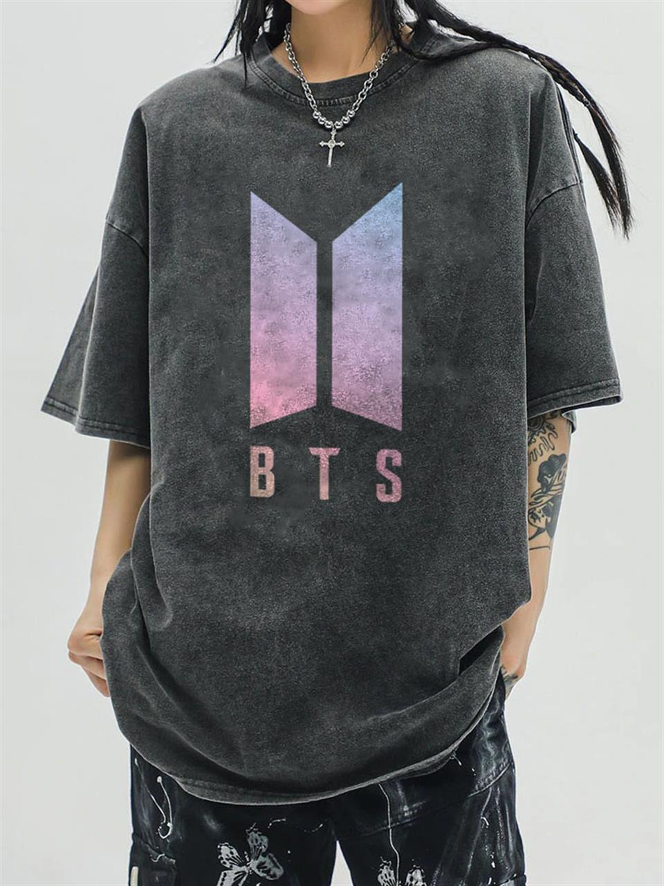 Yıkamalı BTS Logo Unisex Eskitme T-shirt