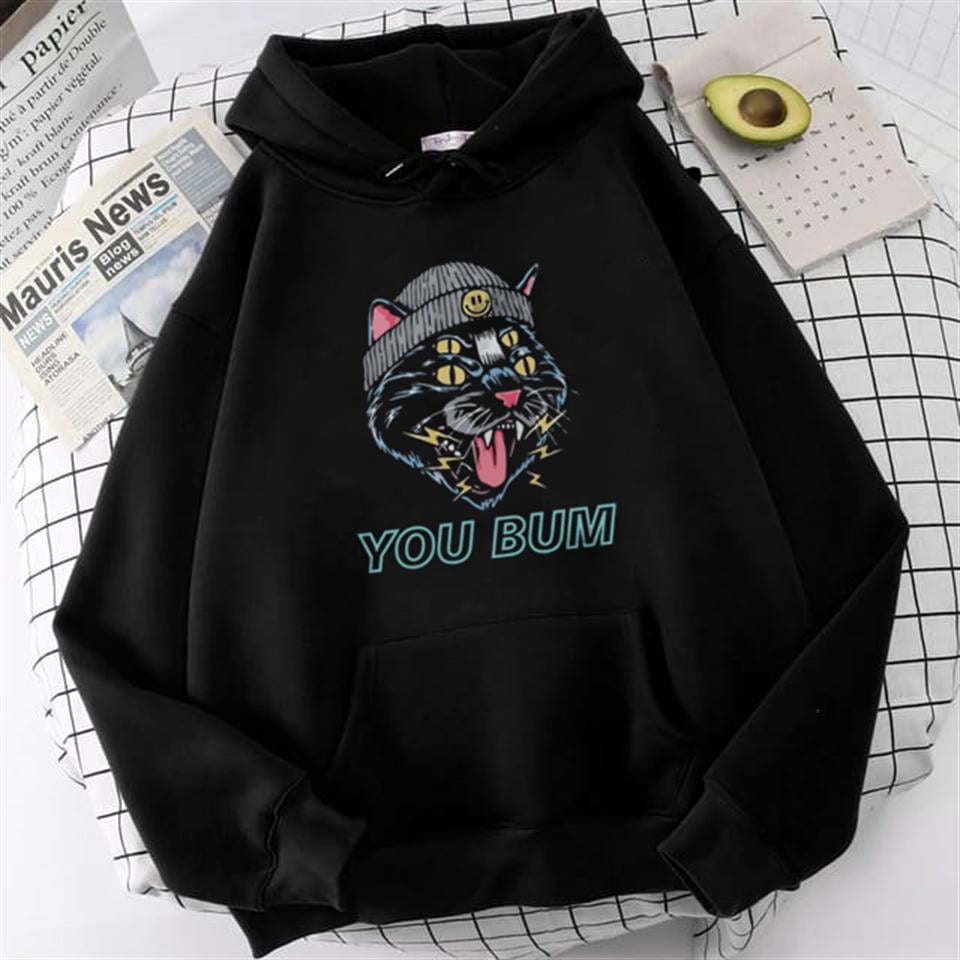 You Bum Cat Baskılı Siyah Unisex Oversize Kapüşonlu Sweatshirt