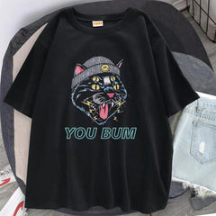 You Bum Cat Baskılı Siyah Unisex Oversize T-shirt