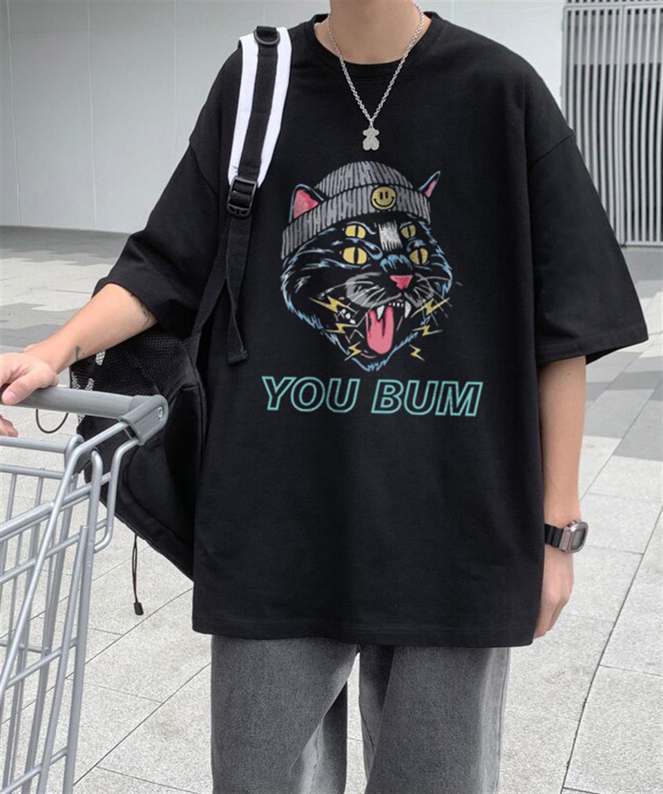 You Bum Cat Baskılı Siyah Unisex Oversize T-shirt