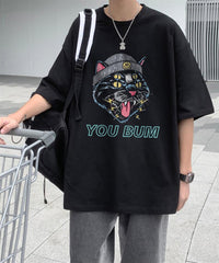 You Bum Cat Baskılı Siyah Unisex Oversize T-shirt