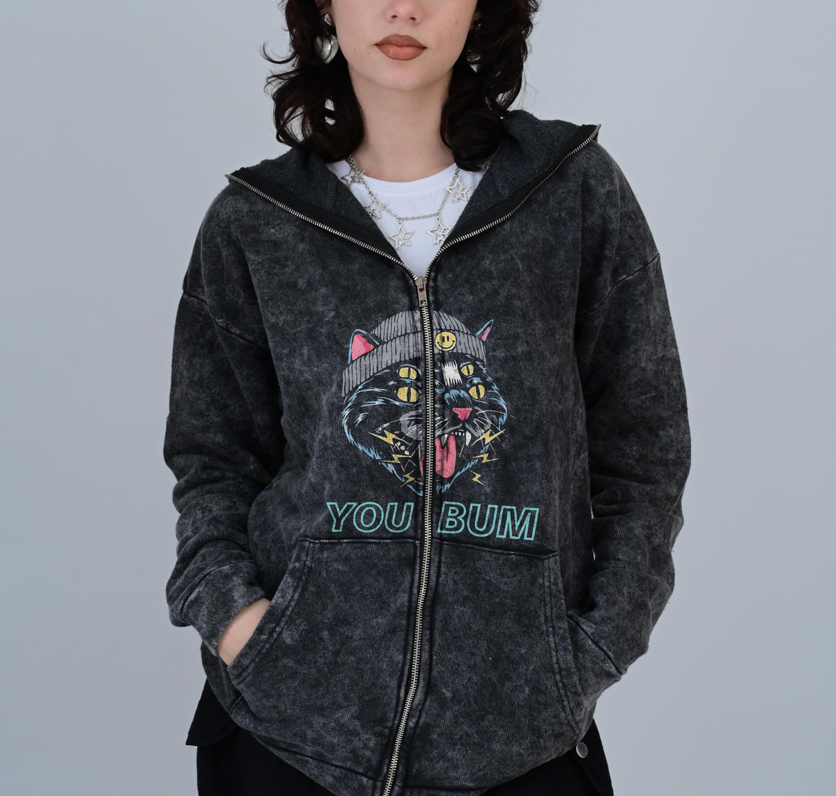 You Bum Cat Baskılı Vintage Yıkamalı Full Zip Detail Unisex Oversize Kapüşonlu Hırka