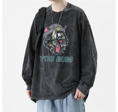 You Bum Cat Baskılı Yıkamalı Vintage Unisex Oversize Bisiklet Yaka Sweatshirt