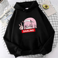 Zero Two Darling Baskılı Siyah Unisex Oversize Kapüşonlu Sweatshirt