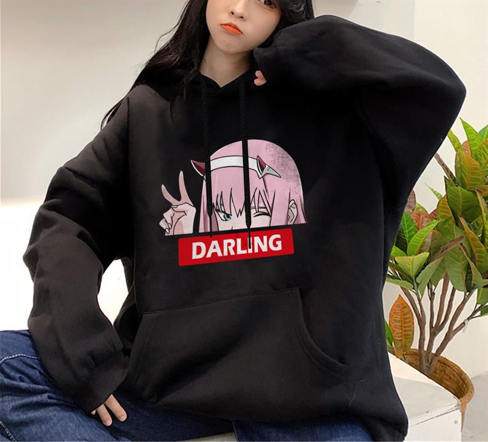 Zero Two Darling Baskılı Siyah Unisex Oversize Kapüşonlu Sweatshirt