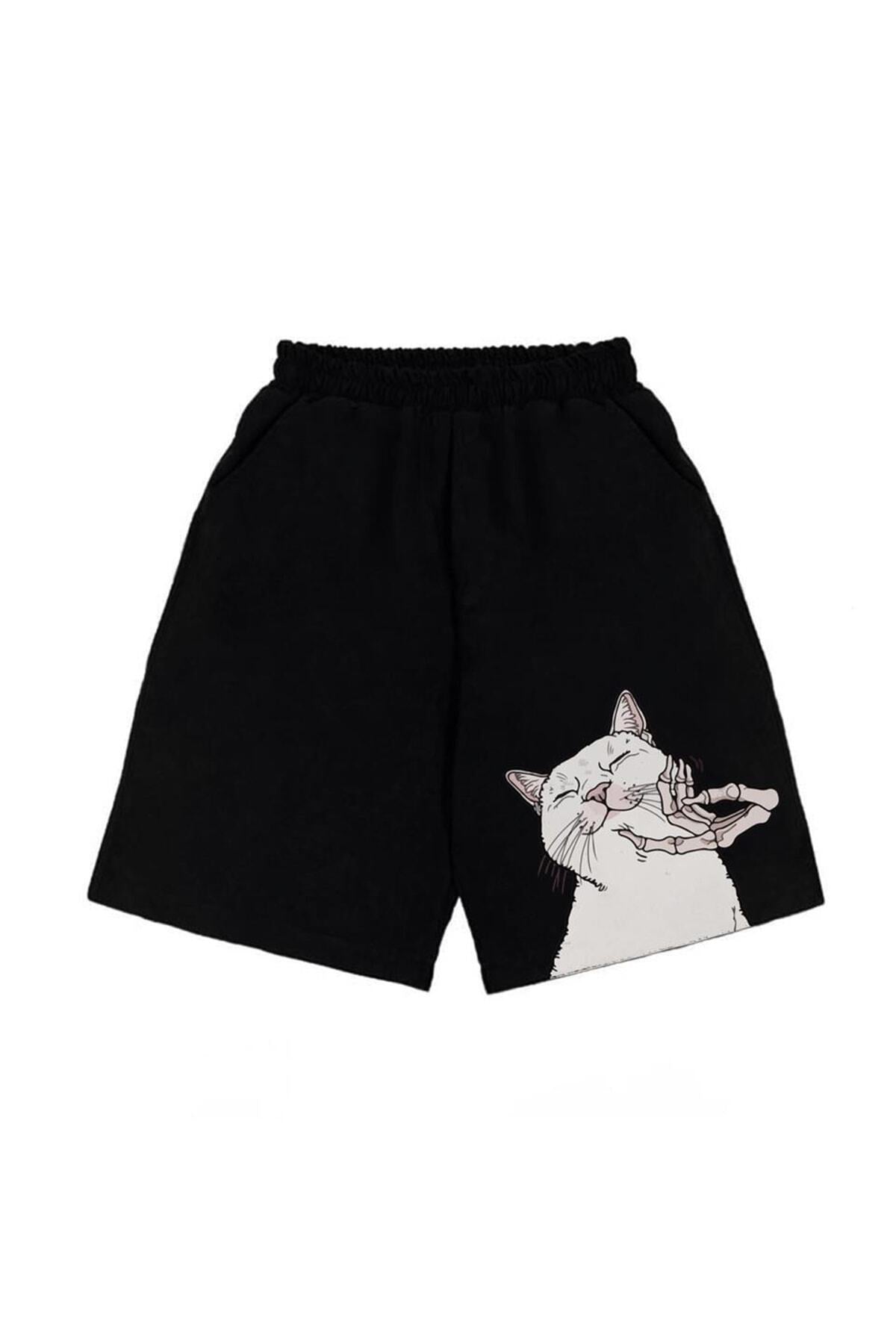 zolid wear Cat & Skeleton Hand Baskılı Siyah Unisex Penye Şort