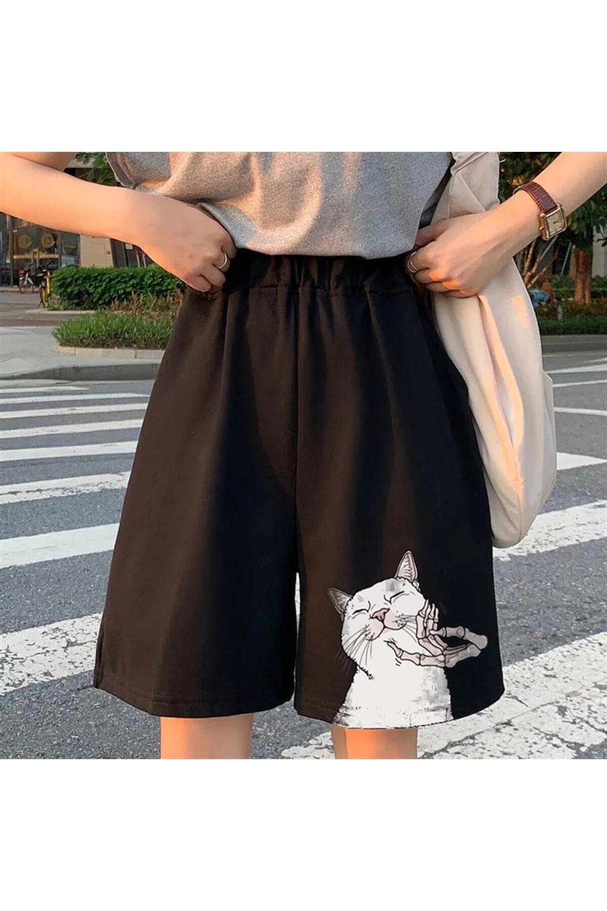 zolid wear Cat & Skeleton Hand Baskılı Siyah Unisex Penye Şort