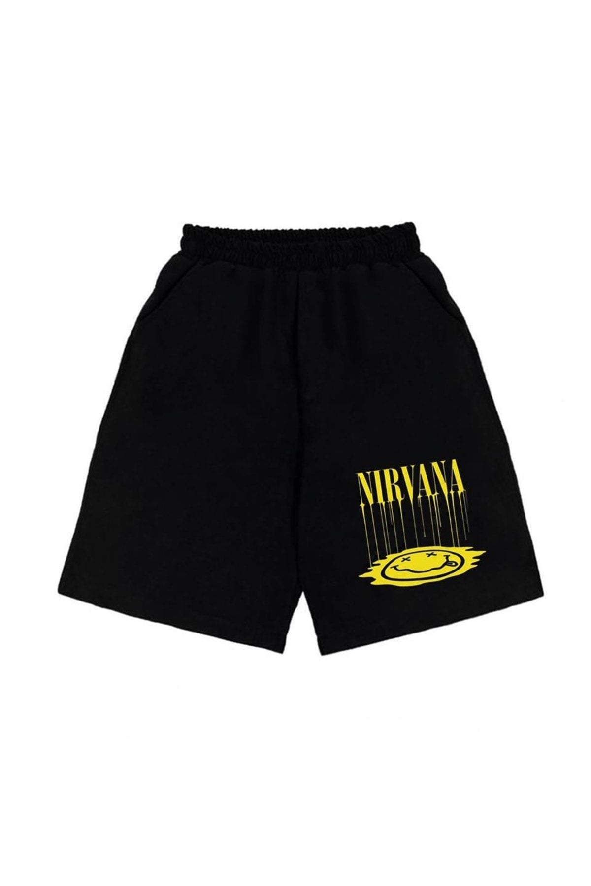 zolid wear Nirvana Smile Baskılı Siyah Unisex Penye Şort