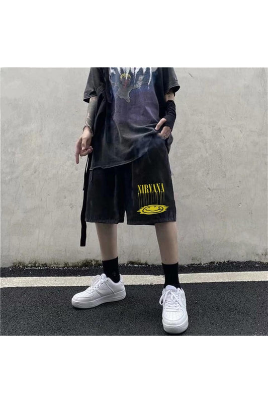 zolid wear Nirvana Smile Baskılı Siyah Unisex Penye Şort