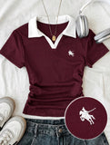 Solo Polo Yaka Bordo Nakışlı Büzgülü Bluz